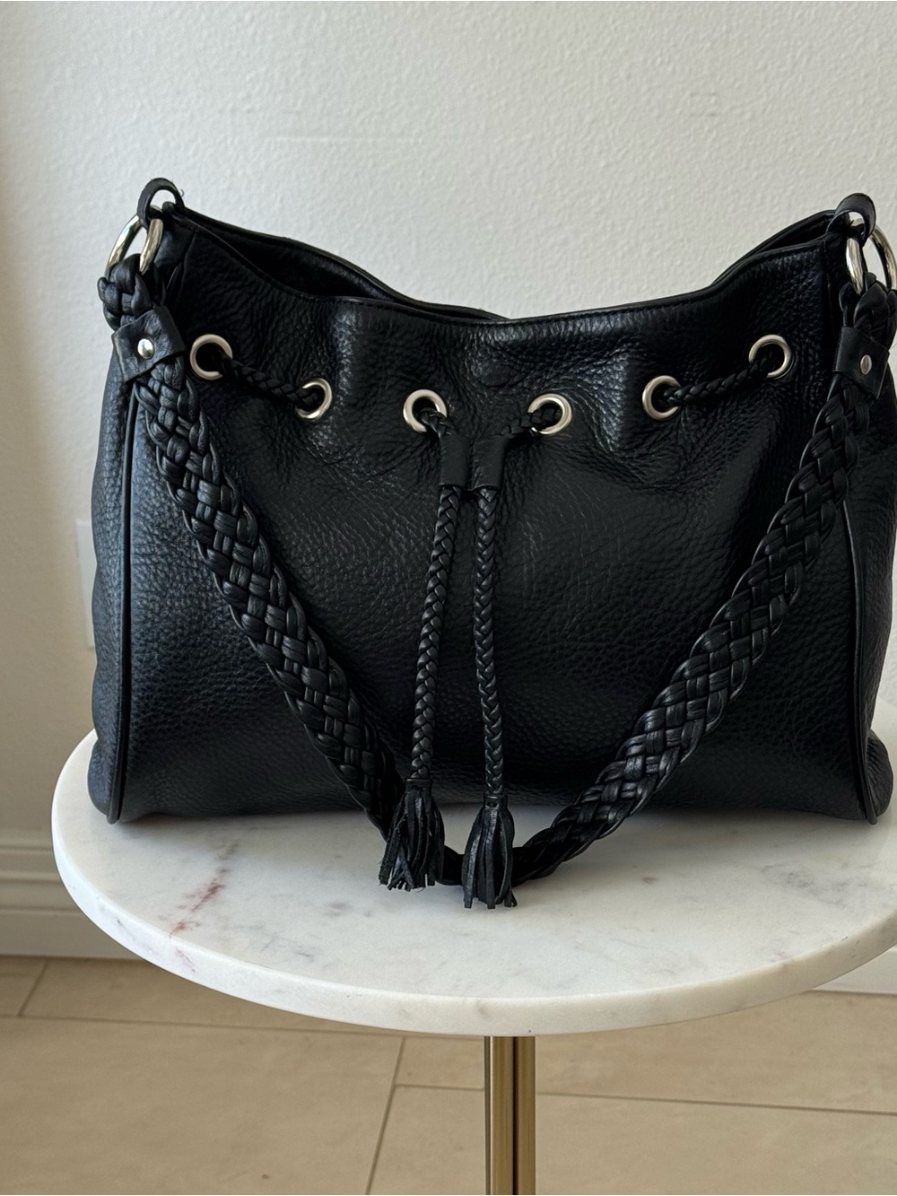 Talbots Black Pebbled Leather Drawstring Grommet Hobo Shoulder Bag